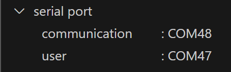 A close up of the serial port information showing the identification of the communication and user port indented below.