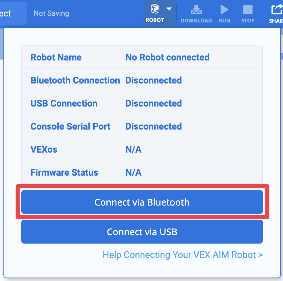 The Robot menu open with the Connect via Bluetooth button on the bottom highlighted in a red box, above the connect via USB button.