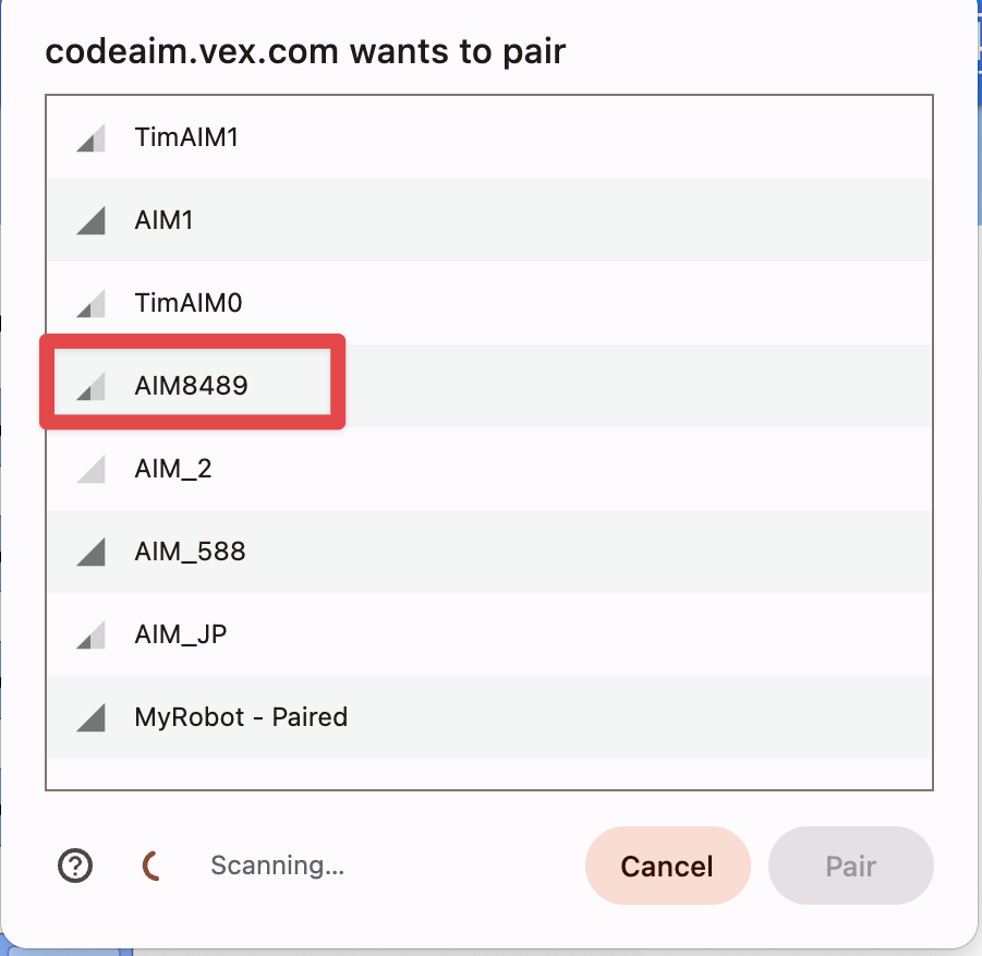 The menu of available robots to pair with reads codeaim.vex.com wants to pair, and the robot name AIM 8489 is highlighted in a red box.