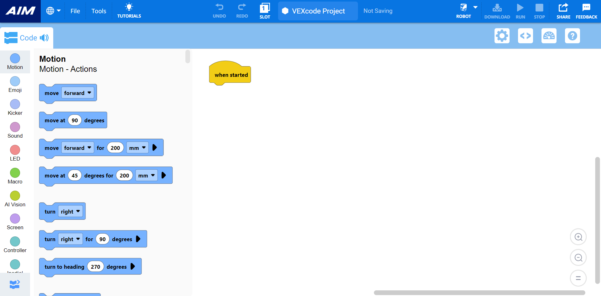 A VEXcode Blocks project in the AIM interface showing the Motion drawer open on the left with several blocks, including move, turn, and turn to heading blocks. A single when started block is placed in the empty workspace on the right. The toolbar at the top includes options like Tutorials, Robot, Download, Run, and a Help icon.