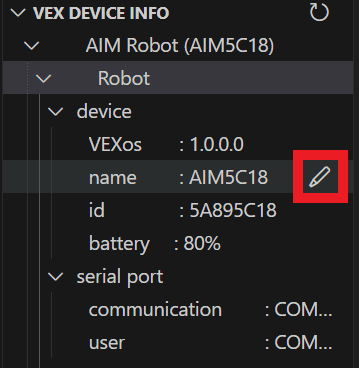 In the VEX Device window menu, a pencil icon beside the name field is highlighted with a red box.