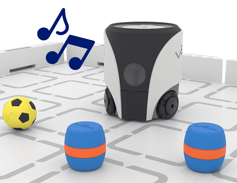 Angled view of a robot on a field in the middle of collecting objects. Music notes appear to the side of the robot to indicate it is playing a sound.