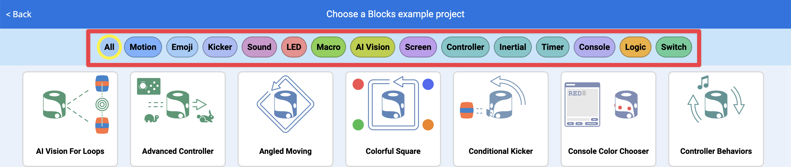 A barra de filtros é realçada na parte superior da página Projeto de exemplo, que lista os tipos de projetos de exemplo por categoria de tipo de bloco.