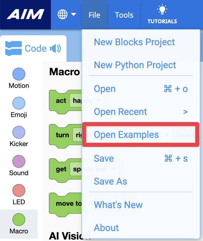 Menu File con l'opzione Apri esempi evidenziata.