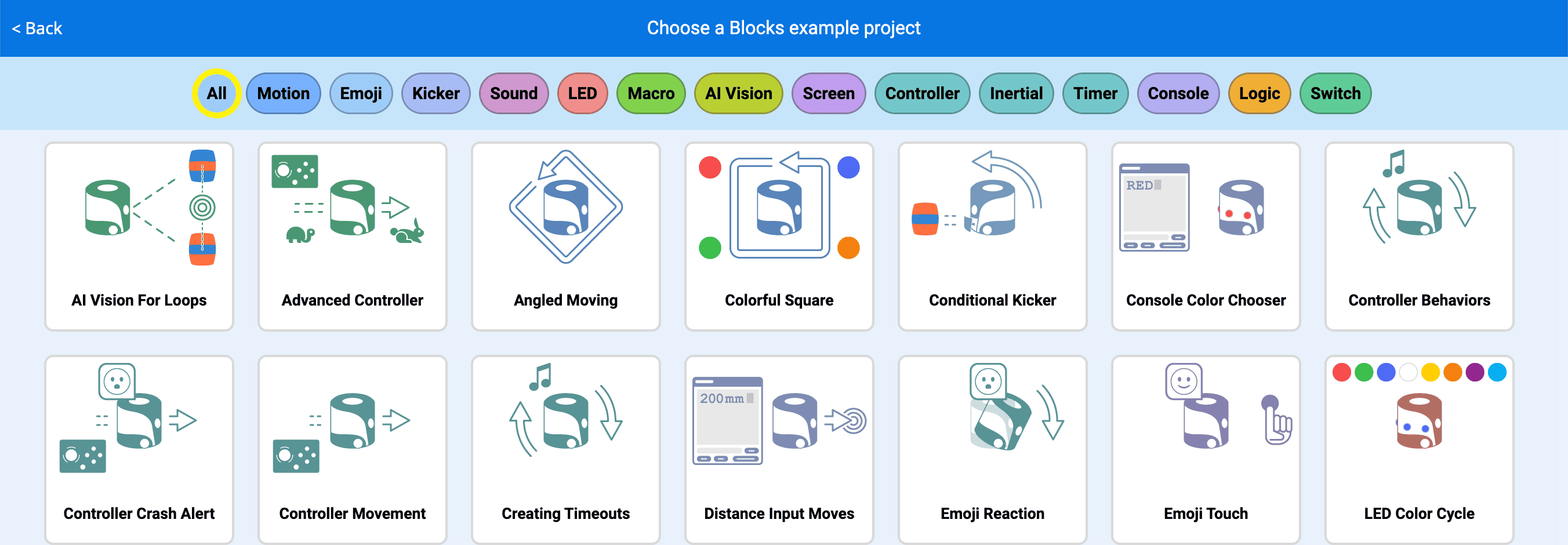 Exemple de projet VEXcode AIM Blocks affiché avec des icônes pour chacun des nombreux exemples de projets.