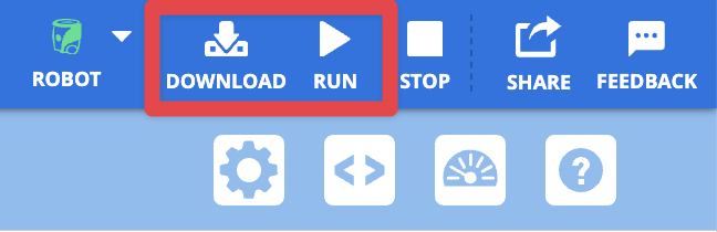 Botones de descarga y ejecución en la esquina superior derecha del espacio de trabajo AIM de VEXcode. 