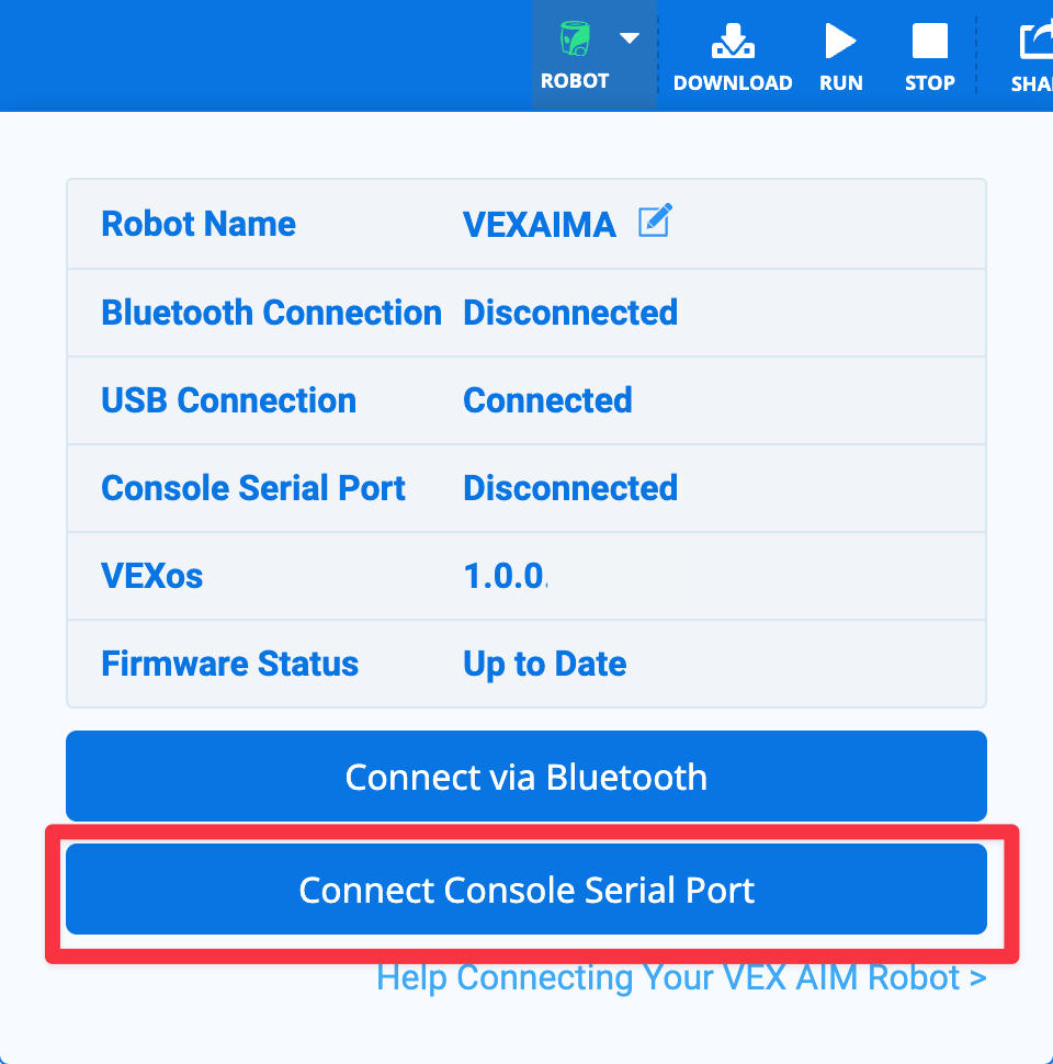 VEXcode izvēlnē Robots ir redzama zaļa robota ikona, un tā ir atvērta ar izceltu Connect Console seriālā porta pogu apakšā.