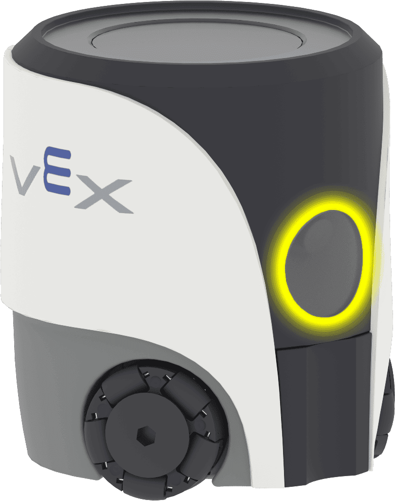 Góc nhìn nghiêng của robot AIM với điểm nhấn là vòng tròn chứa camera của Cảm biến thị giác AI. Đây là phần phía trên bộ phận đá ở phía trước của robot.