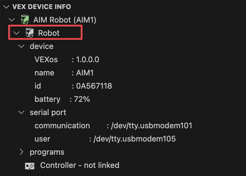 A mesma imagem anterior da informação do dispositivo VEX com a terceira linha, "Robot", destacada.