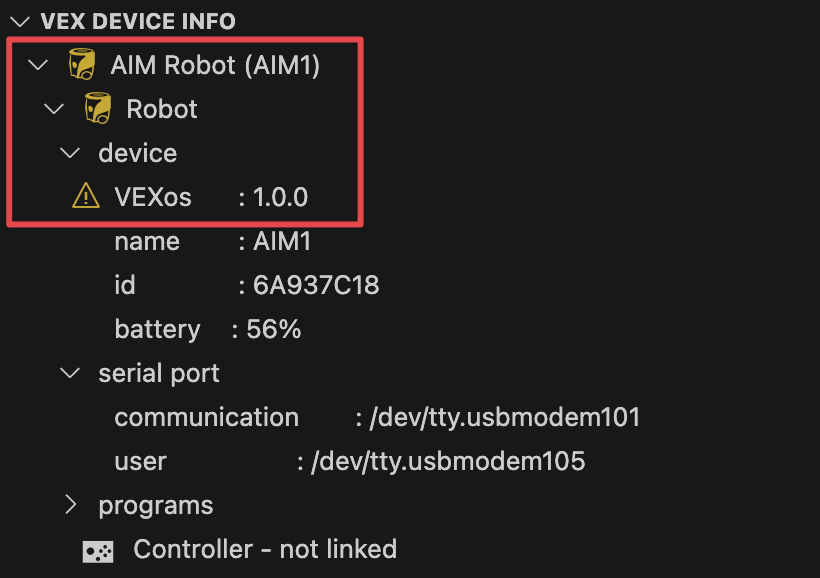 VEX Aygıtı bilgilerinin ilk dört satırının sarı robot simgelerini ve VEXos satırının solundaki uyarı simgesinin aygıt yazılımının güncel olmadığını gösterdiği vurgulanan ekran görüntüsü.