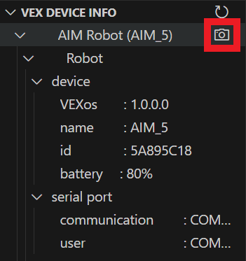 Panel Informacje o urządzeniu VEX w programie Visual Studio Code pokazujący szczegóły podłączonego robota AIM o nazwie AIM_5. Informacje obejmują wersję VEXos, nazwę robota, identyfikator, poziom naładowania baterii i porty szeregowe. Ikona kamery w prawym górnym rogu sekcji robota jest podświetlona na czerwono.