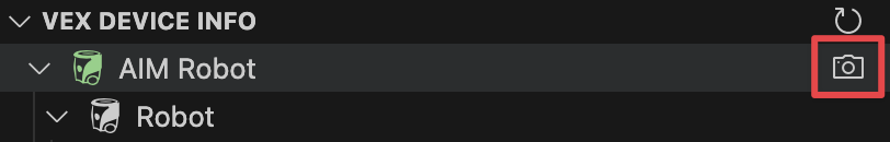 منظر عن قرب للأسطر الثلاثة العلوية من معلومات جهاز VEX، مع إبراز أيقونة الكاميرا الموجودة في أقصى يمين سطر AIM Robot.