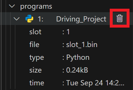 Otevře se sekce programů s informacemi o projektu Driving. Ikona koše napravo od řádku s nápisem Řidičský projekt je zvýrazněna.