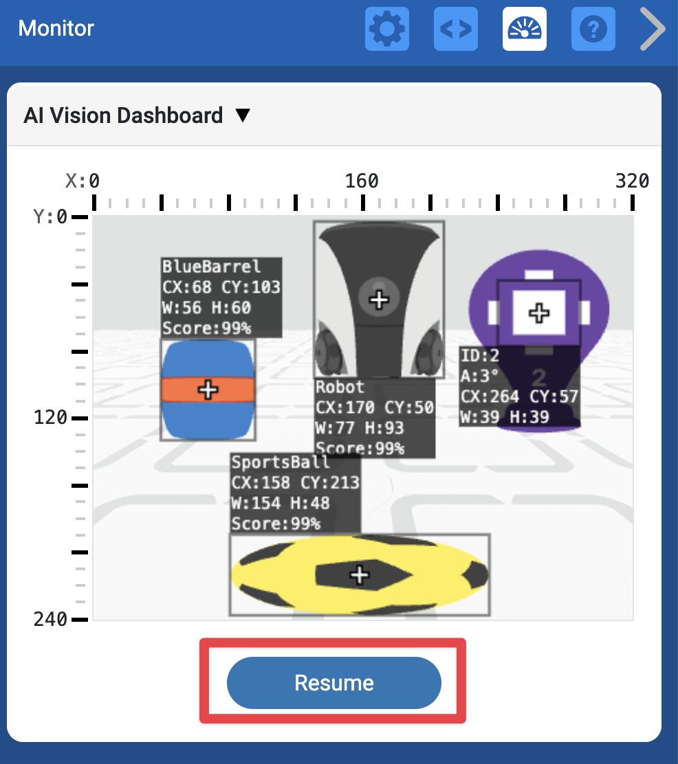 ウィンドウの下部に再開ボタンが表示されているAI Vision Dashboard