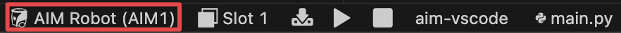 Das gleiche Bild der VS Code-Toolbar, jetzt mit dem AIM-Roboter (AIM 1) ganz links hervorgehoben.