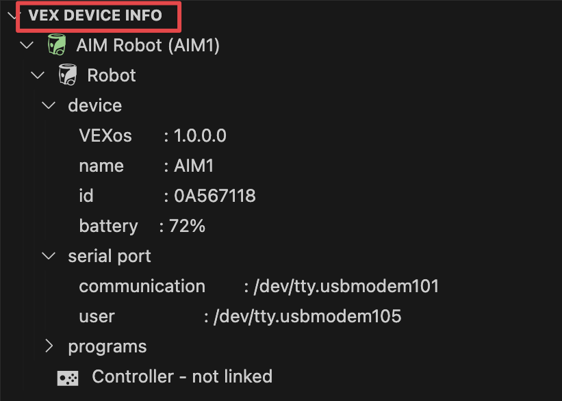 Ugyanaz a kép, mint az előző, a VEX DEVICE INFO feliratú felső sorral kiemelve.
