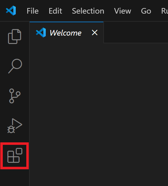Visual Studio Code 인터페이스에서 환영 탭이 열려 있습니다. 왼쪽 사이드바에는 빨간색으로 강조 표시된 확장 프로그램 아이콘이 있는데, 격자 모양으로 배열된 네 개의 사각형으로 표현됩니다.