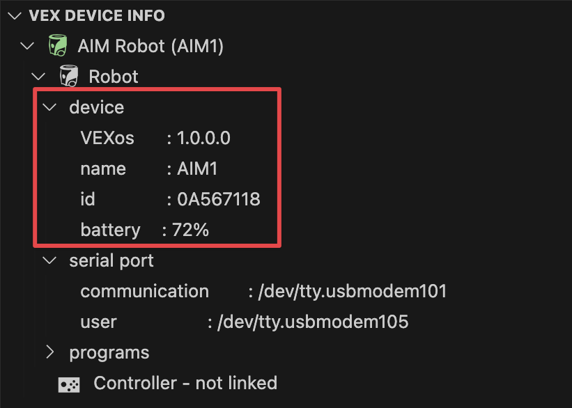 A screenshot of the VEX device info showing the green updated robot icon, and highlighting the indented lines below the third line that reads device. The information shows the VEXos, name, ID, and battery level.
