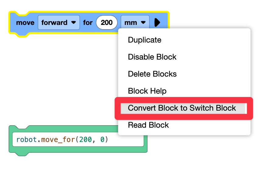 VEXcode AIM showing two blocks. One has been converted to python and shows the text based version of the other block. The block has the context menu open with a red box on the Convert Block to Switch Block option.