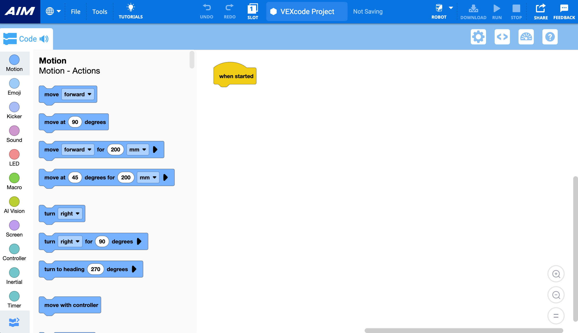 Перегляд робочої області у VEXcode AIM після відкриття веб-сторінки.
