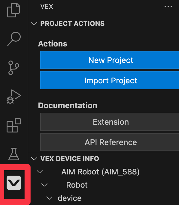 La interfaz de Visual Studio Code con el panel VEX Extension abierto. La sección Acciones de proyecto incluye los botones Nuevo proyecto e Importar proyecto, y la sección Documentación muestra los botones Extensión y Referencia de API. El panel de información del dispositivo VEX se expande, mostrando detalles para un robot AIM conectado llamado AIM_588. El icono de VEX Extension en la barra lateral está resaltado en rojo.