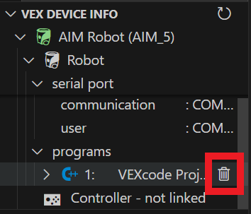 Visual Studio Coden VEX-laitetietojen paneeli, jossa näkyy AIM-robotti ja ladattu VEXcode-projekti. Projektin vieressä on punaisella korostettu roskakorikuvake, joka osoittaa, että se voidaan poistaa.
