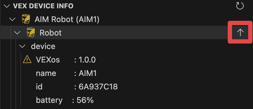 Otevře se informace o zařízení VEX se zvýrazněnou šipkou nahoru úplně vpravo na řádku robota, což ukazuje, co vybrat pro aktualizaci VEX.