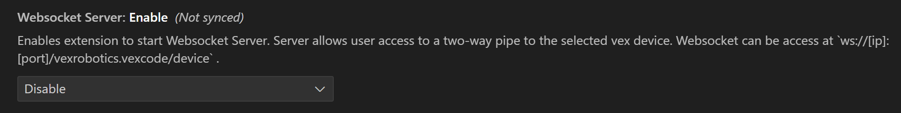 Websocket Server Enable -pudotusvalikon arvoksi on asetettu Poista käytöstä.