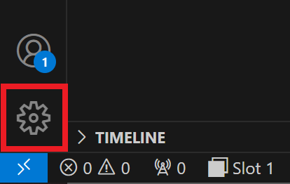 El icono de Configuración resaltado en la esquina inferior izquierda de la interfaz de VS Code.