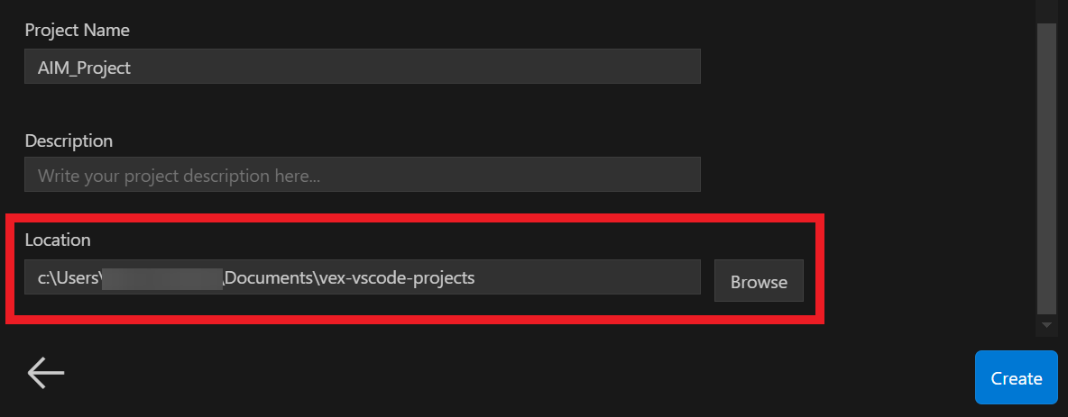 The configuration screen again, now showing the Location field with a directory path and the field highlighted in red.