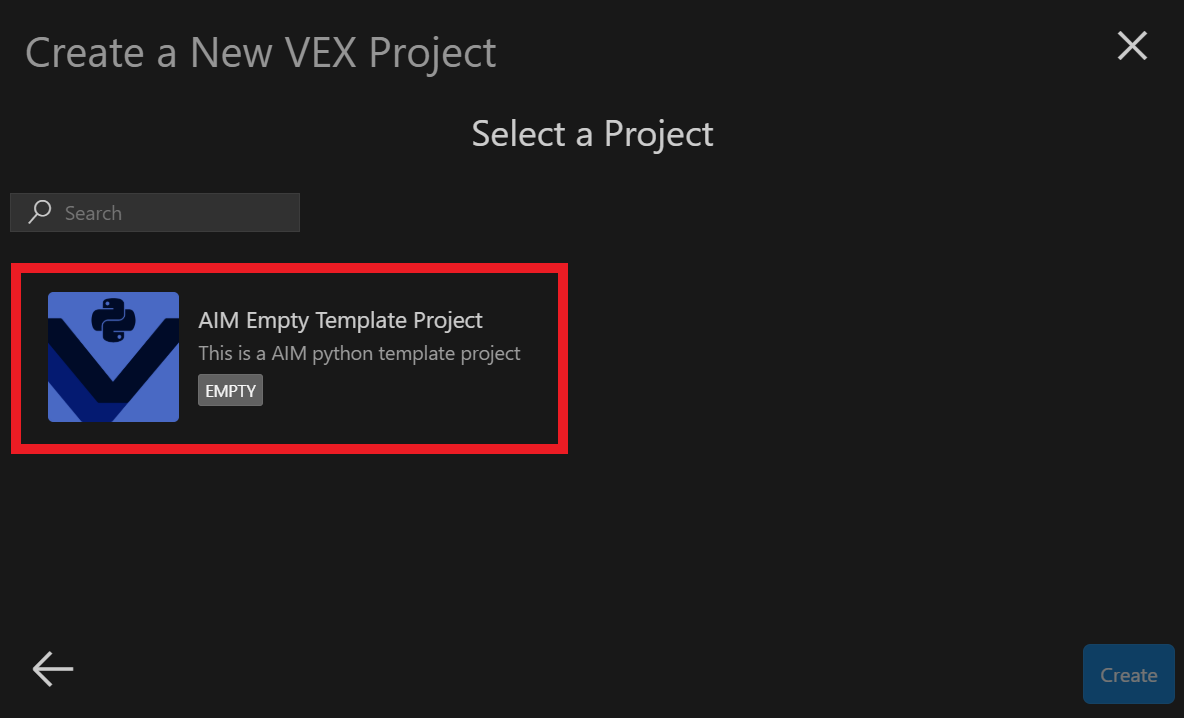 The next screen in the project creation process showing AIM Empty Template Project selected. The template tile is highlighted in red.