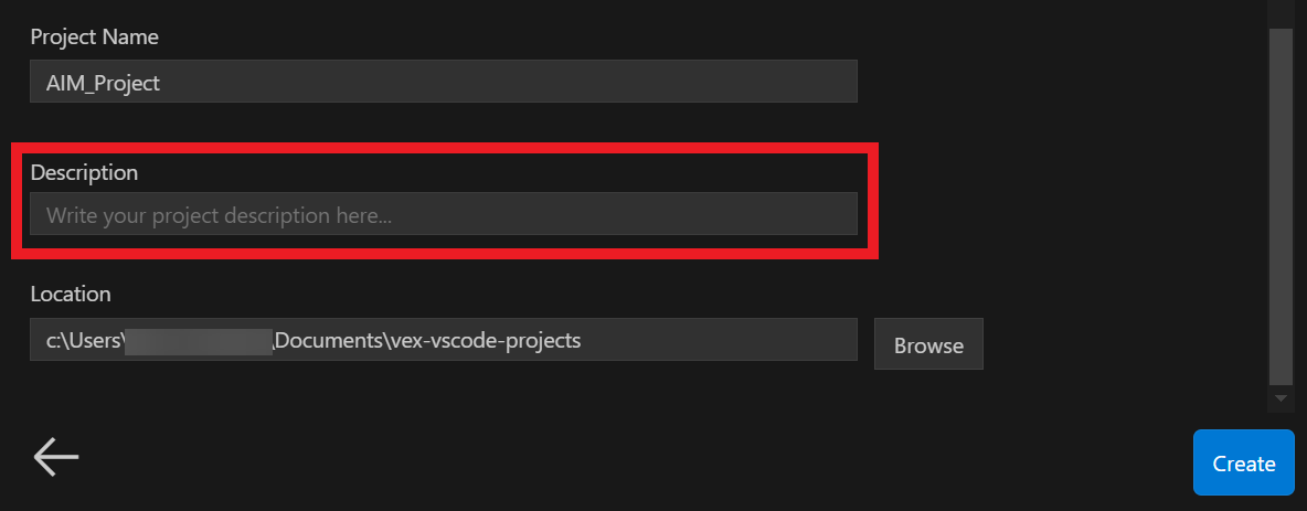 The same configuration screen now showing AIM_Project typed in as the Project Name. The Description field is empty and highlighted in red.