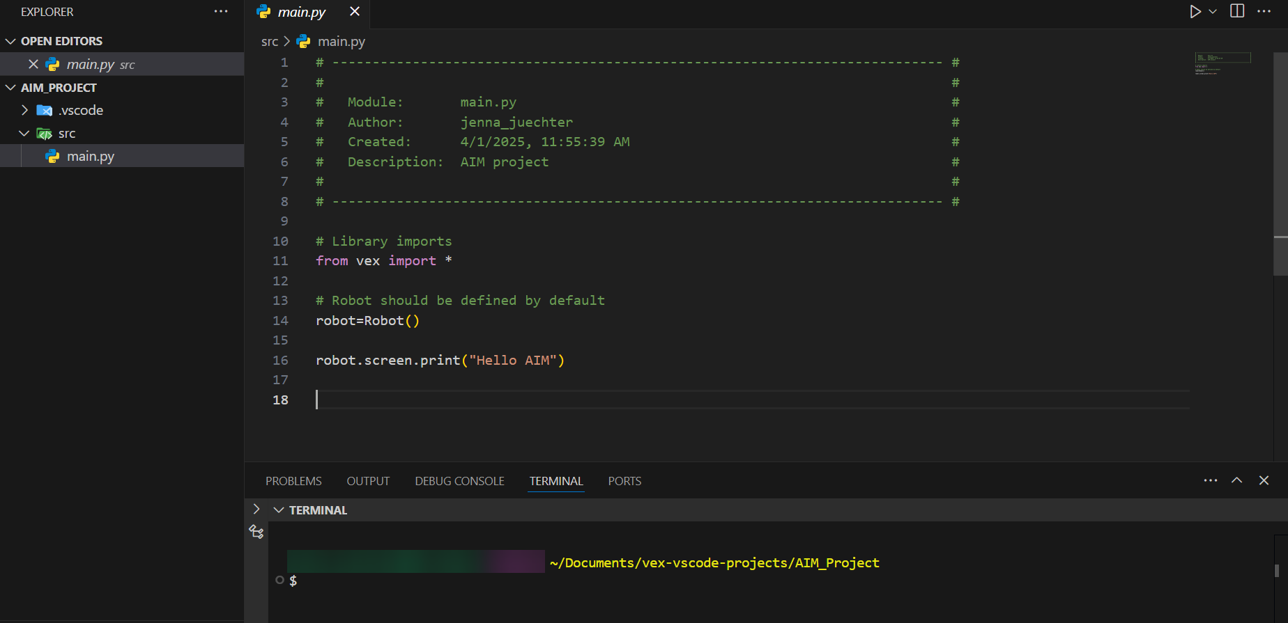 The final project workspace open in Visual Studio Code. The Explorer shows AIM_PROJECT with a main.py file open in the editor, containing sample code that prints Hello AIM to the robot screen.