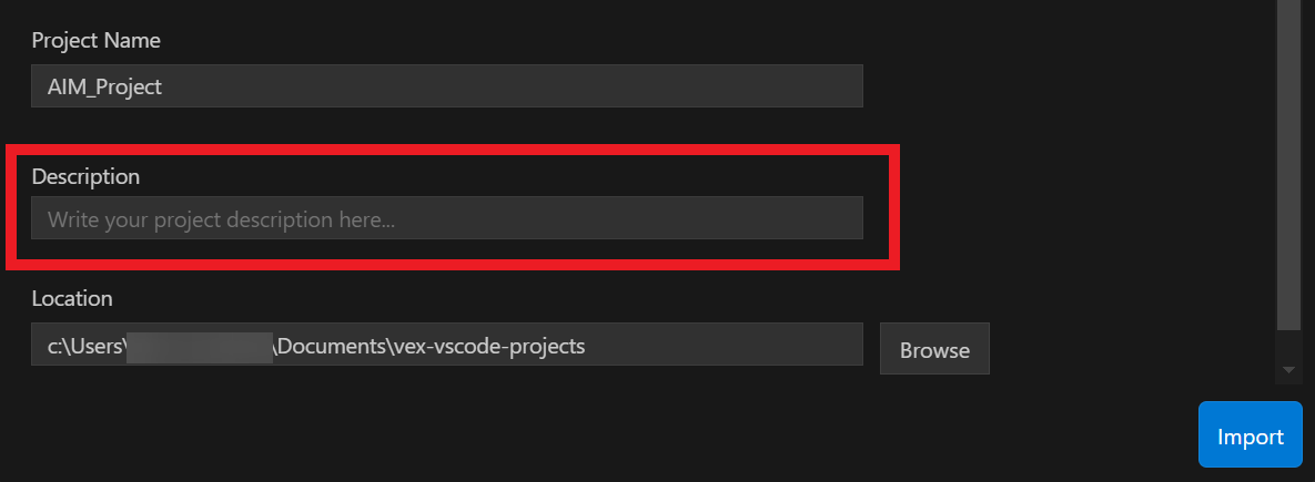 The import project setup screen in Visual Studio Code showing the Project Name and Description fields. The Description field is empty and highlighted in red.