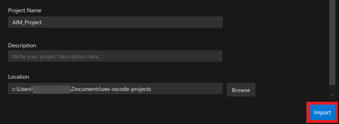 The same import screen with all fields filled in and the Import button in the bottom-right corner highlighted in red.

