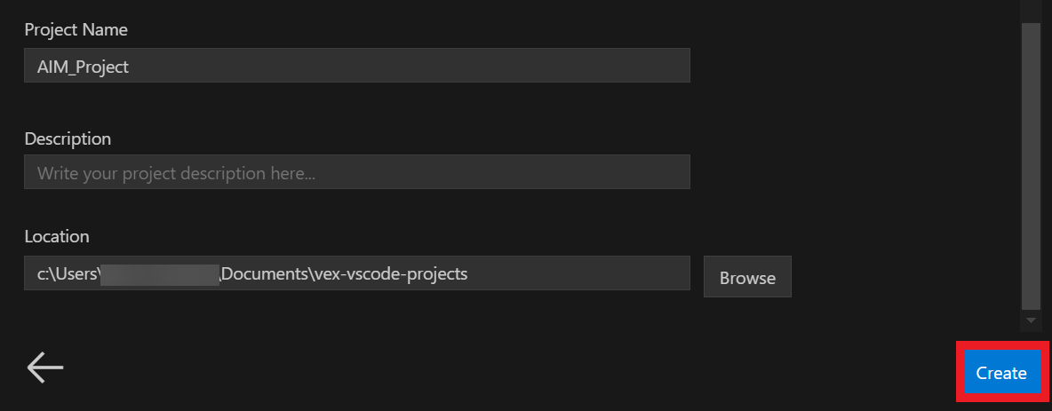 Apatiniame dešiniajame konfigūracijos ekrano kampe su mėlynu mygtuku Kurti paryškintas raudonai.