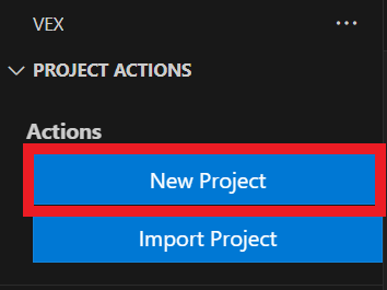 Bảng mở rộng VEX trong Visual Studio Code hiển thị phần Hành động của dự án. Nút Dự án mới được đánh dấu màu đỏ.