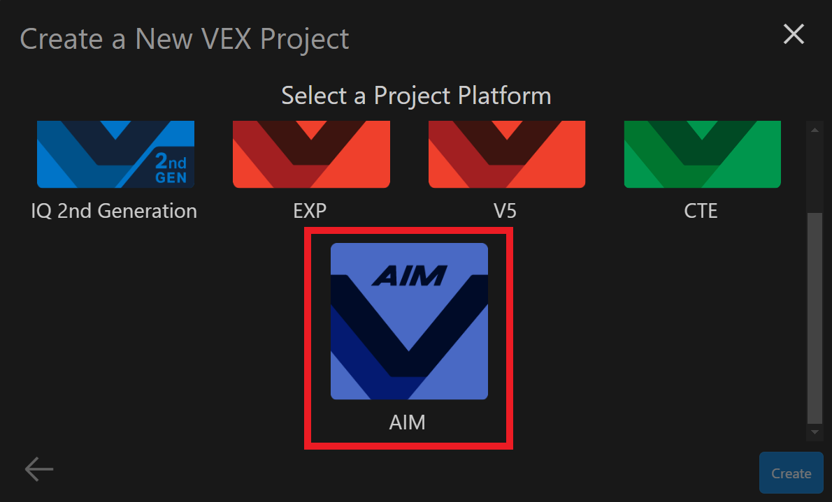 La ventana Crear un nuevo proyecto VEX con múltiples opciones de plataforma. El mosaico de la plataforma AIM está resaltado en rojo.