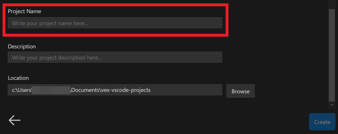 La pantalla de configuración del proyecto que muestra el campo Nombre del proyecto vacío y resaltado en rojo.