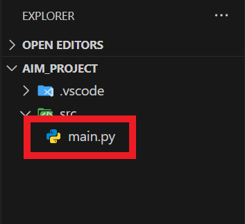 Visual Studio Code pārlūkprogrammas panelis parāda mapes struktūru projektam ar nosaukumu AIM_PROJECT. Mapē src tiek parādīts un sarkanā krāsā iezīmēts fails main.py, kas norāda, ka tas ir atlasīts rediģēšanai.