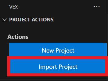 Visual Studio Code 中的 VEX 扩展面板显示项目操作。 导入项目按钮以红色突出显示。