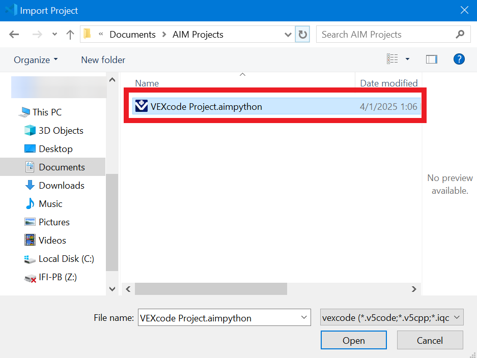 Cửa sổ trình duyệt tệp có tiêu đề Nhập dự án với tệp dự án VEXcode có tên VEXcode Project.aimpython được chọn và đánh dấu màu đỏ.