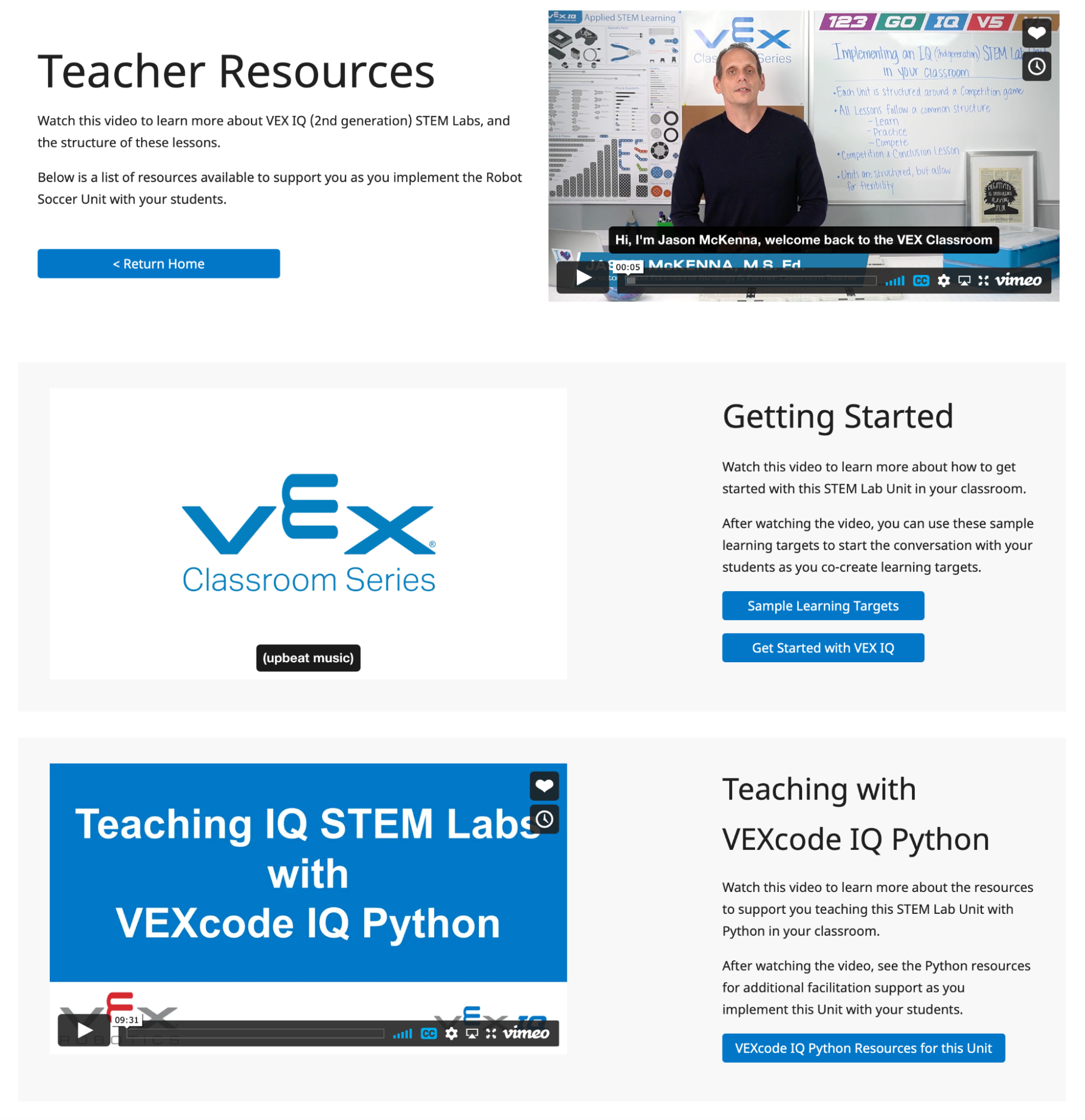 Teacher Portal of a VEX IQ (2nd gen) STEM Lab Unit, with videos and documents to help educators begin to teach VEX IQ.