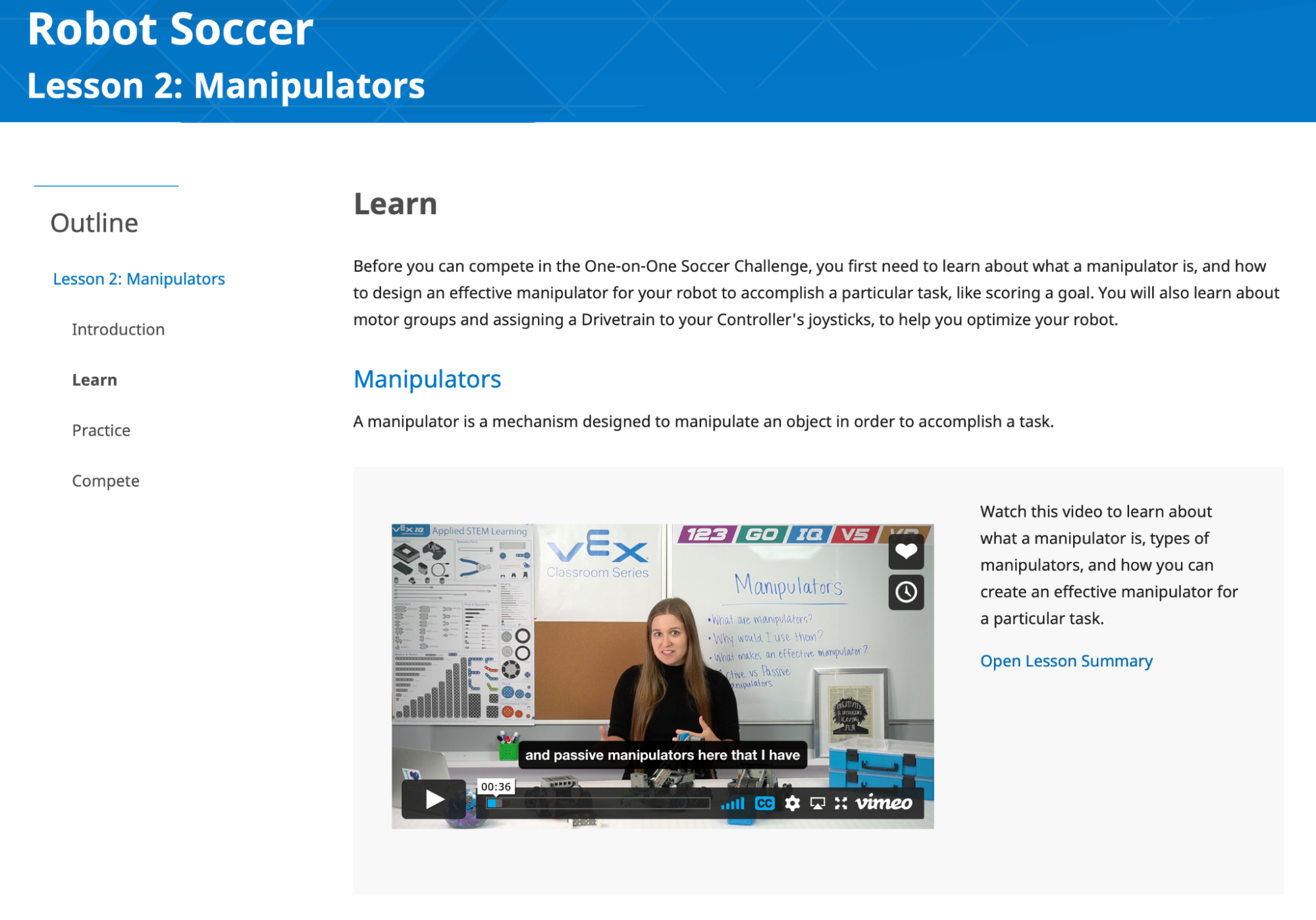 Screenshot of the Learn section of a VEX IQ STEM Lab Lesson, to illustrate the typical format of a Learn page with videos that provide student-facing instructions.