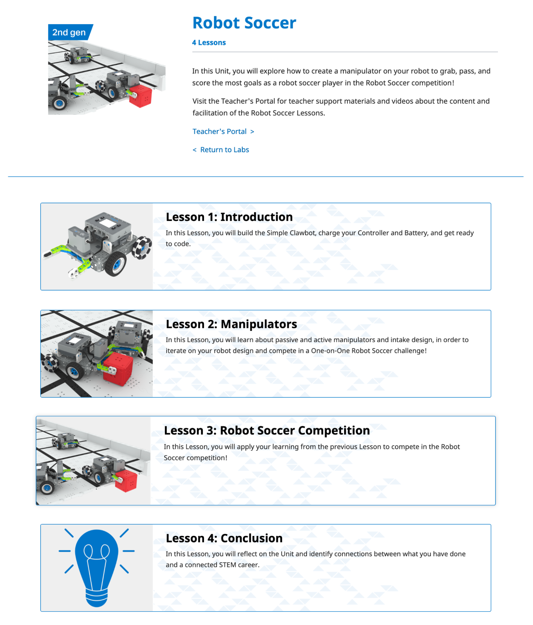 Robot Soccer IQ STEM Lab Unit opened to view its 4 Lessons below. Each Lesson has an engaging thumbnail and a description of the Lesson's content.