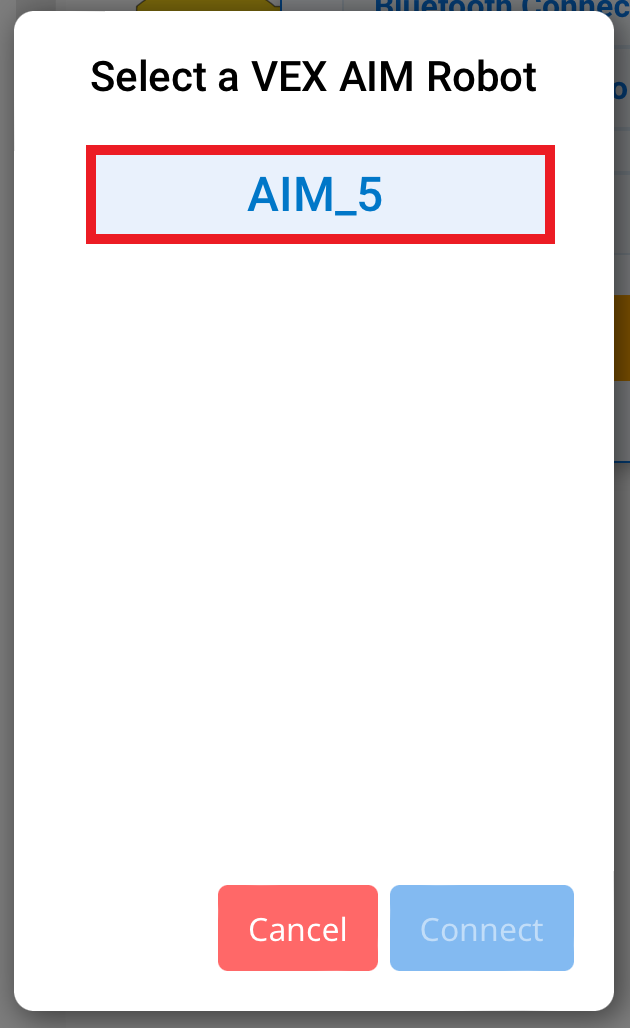标题为“选择 VEX AIM 机器人”的对话框，其中有一个可用选项 AIM_5，在列表中显示并突出显示。