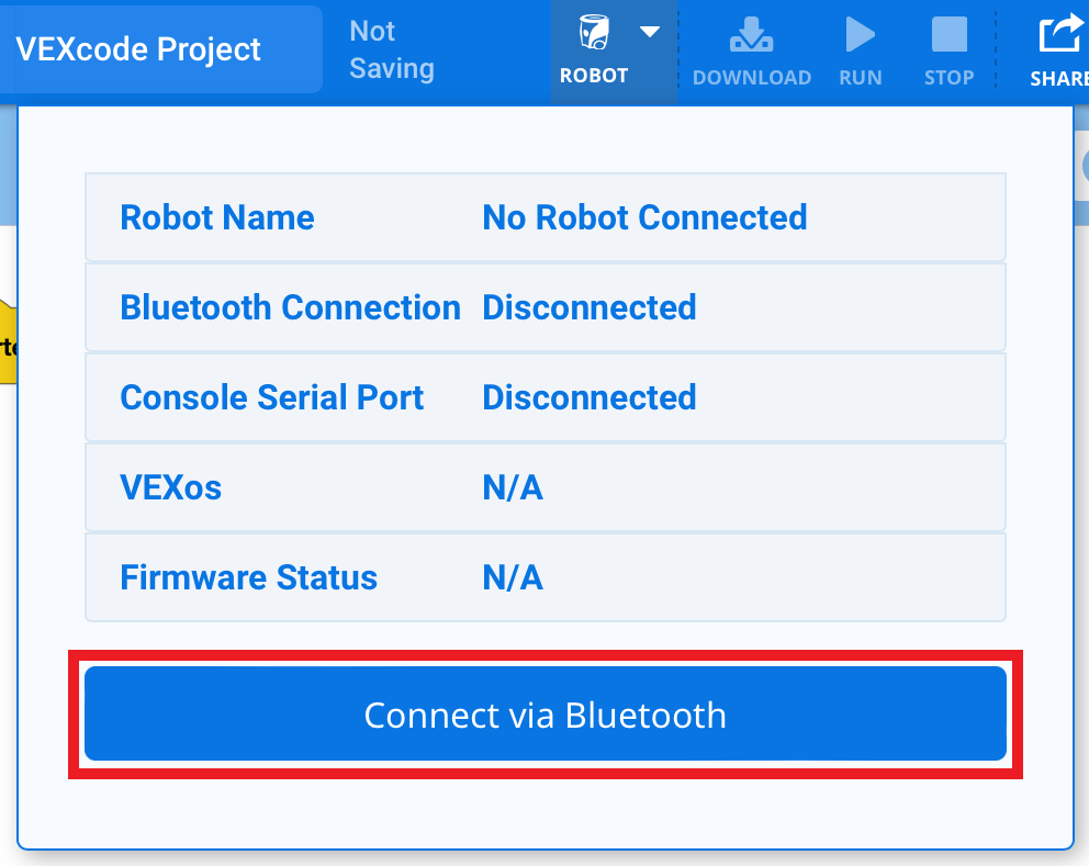 VEXcode AIM 中的蓝牙连接状态面板显示所有字段均已断开连接或不可用。 底部突出显示标有“通过蓝牙连接”的蓝色按钮。