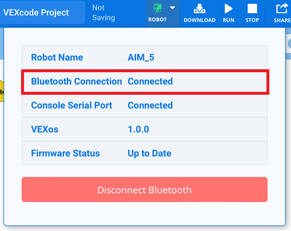 藍牙連接面板現在顯示 AIM_5 作為已連接的機器人。 藍牙連接和控制台序列連接埠均顯示為已連接。 斷開藍牙按鈕位於底部。