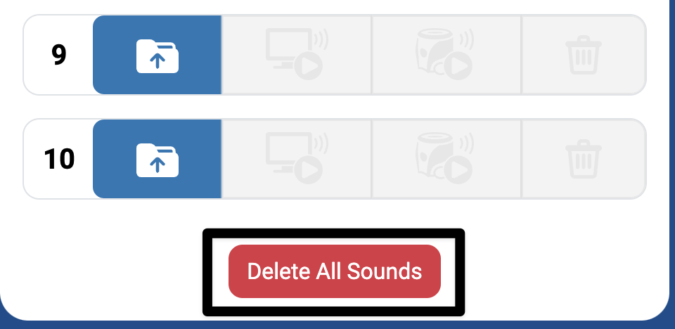 Bottom of the sound tab in VEXcode AIM with a highlight on the Delete All Sounds button.