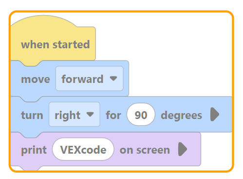 시작 블록으로 시작하는 블록의 스택입니다. 꽉 맞는 주황색 윤곽선이 전체 스택을 둘러싸고 있습니다.